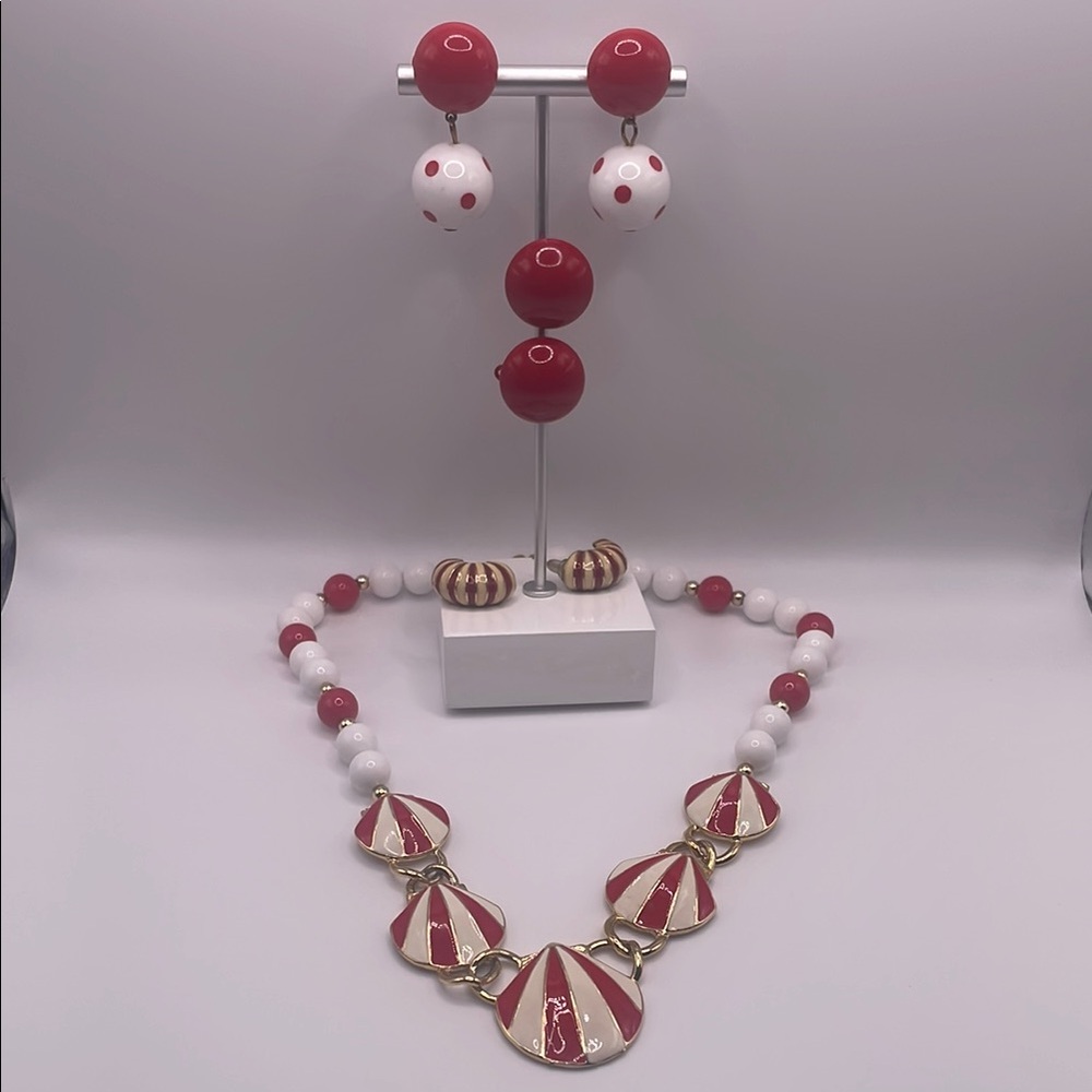 Red and White Necklace and Earring Set